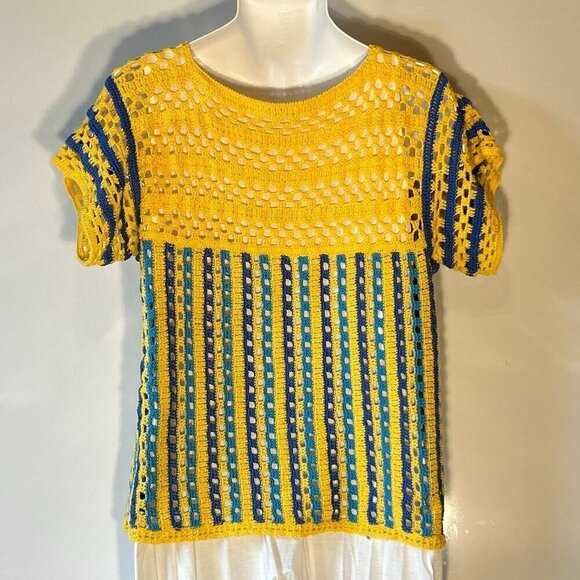 Yellow & Blues SZ S crochet open weave top boho handknit unique mod retro - Picture 4 of 5
